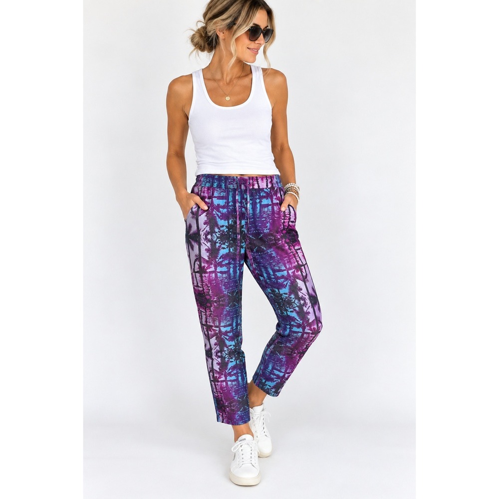H&M Divided Pants 10 Tropical Palm Tree Print Purple Blue Y2K Resort Indie Capri
